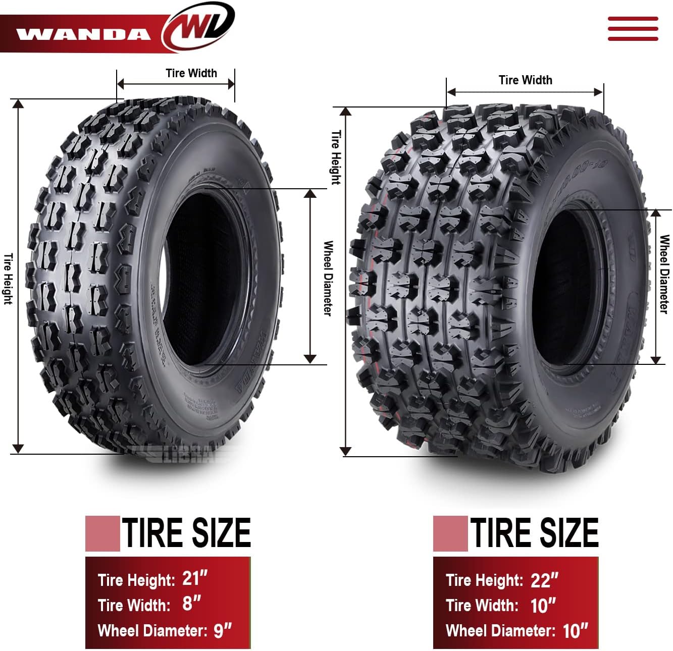 WANDA Set of 4 Sport ATV Tires 21x8-9 Front & 22x10-10 Rear /4PR GNCC Race Tires