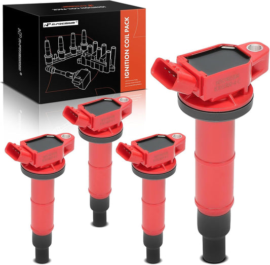 A-Premium (Red) Engine Ignition Coil Pack Compatible with Toyota Camry 2002-2011, RAV4 2001-2008, Corolla 2009-2010, Highlander, Matrix, Solara & Scion tC, xB & Lexus HS250h & Pontiac Vibe, 4-PC Set