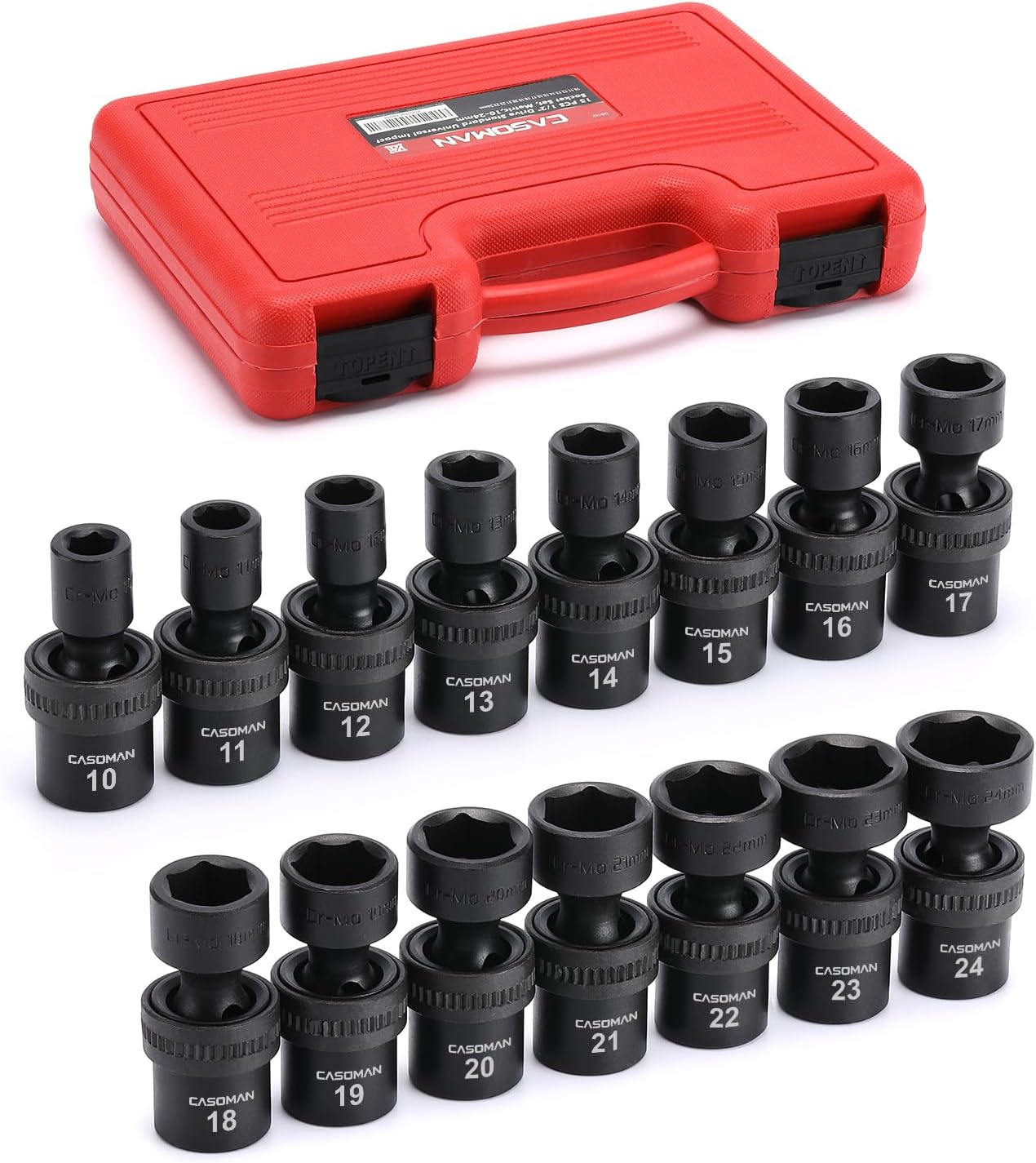 CASOMAN 10 PCS 1/2" Drive Deep Universal Impact Socket Set, Metric,10-19mm