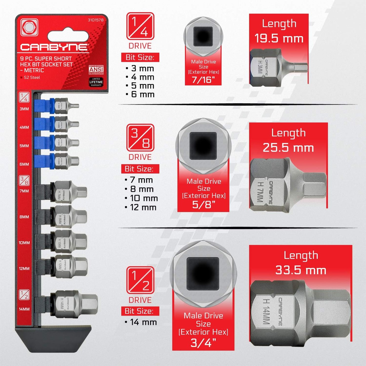 CARBYNE 9-Piece Metric Super Short Low Profile Hex (Allen) Bit Socket Set | 3mm to 14mm, Dual-Drive: Internal Square Drive & External Hex Drive • From a Family-Run Tool Company in the U.S.