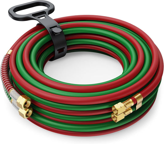 ARCCAPTAIN Oxygen Acetylene Hose, 1/4" x 50 FT with 9/16"-18 B Fittings and Spring Guards, Welding Torch Hose for Oxy Acetylene Flame Welding and Cutting, Grade T