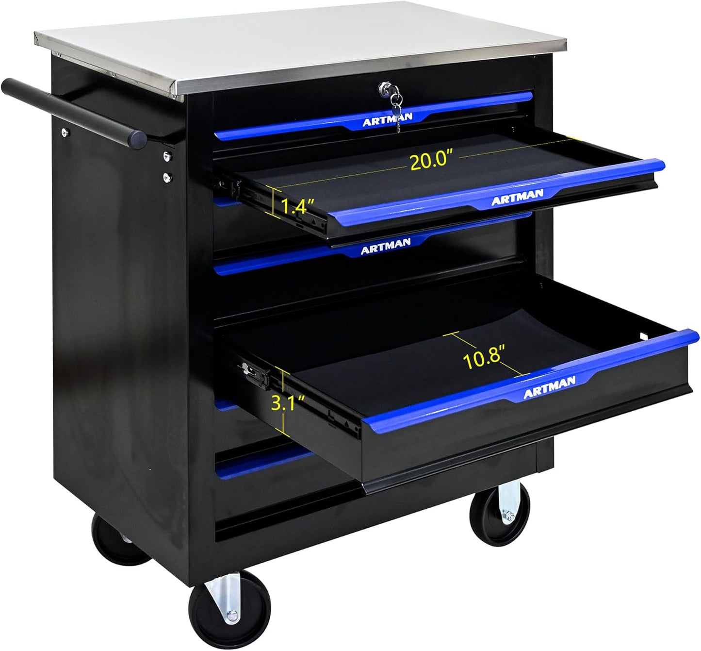 7-Drawer Heavy-Duty Rolling Steel Tool Cart with Handle&Wheels, Metal Storage Organizer Cabinet, Tool Chest for Efficient Tool Storage in Garage, Warehouse, Workshop, Repair Shop, Blue