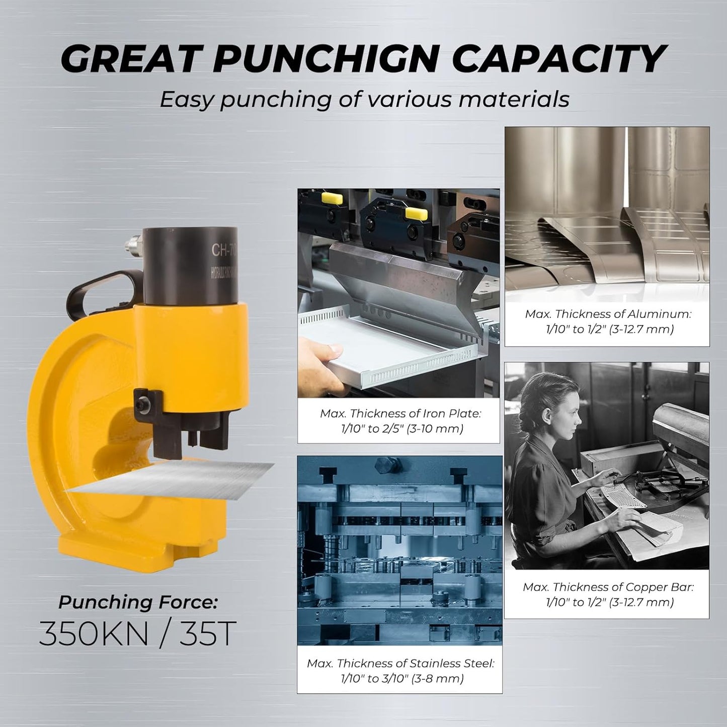 35T CH-70 Hydraulic Hole Punching Tool Hole Digger Force Puncher, 3/8",1/2",5/8",3/4" Pumcher Apertures, Smooth Hole Puncher Hole Digger for Iron Plate Copper Bar Aluminum Stainless Steel