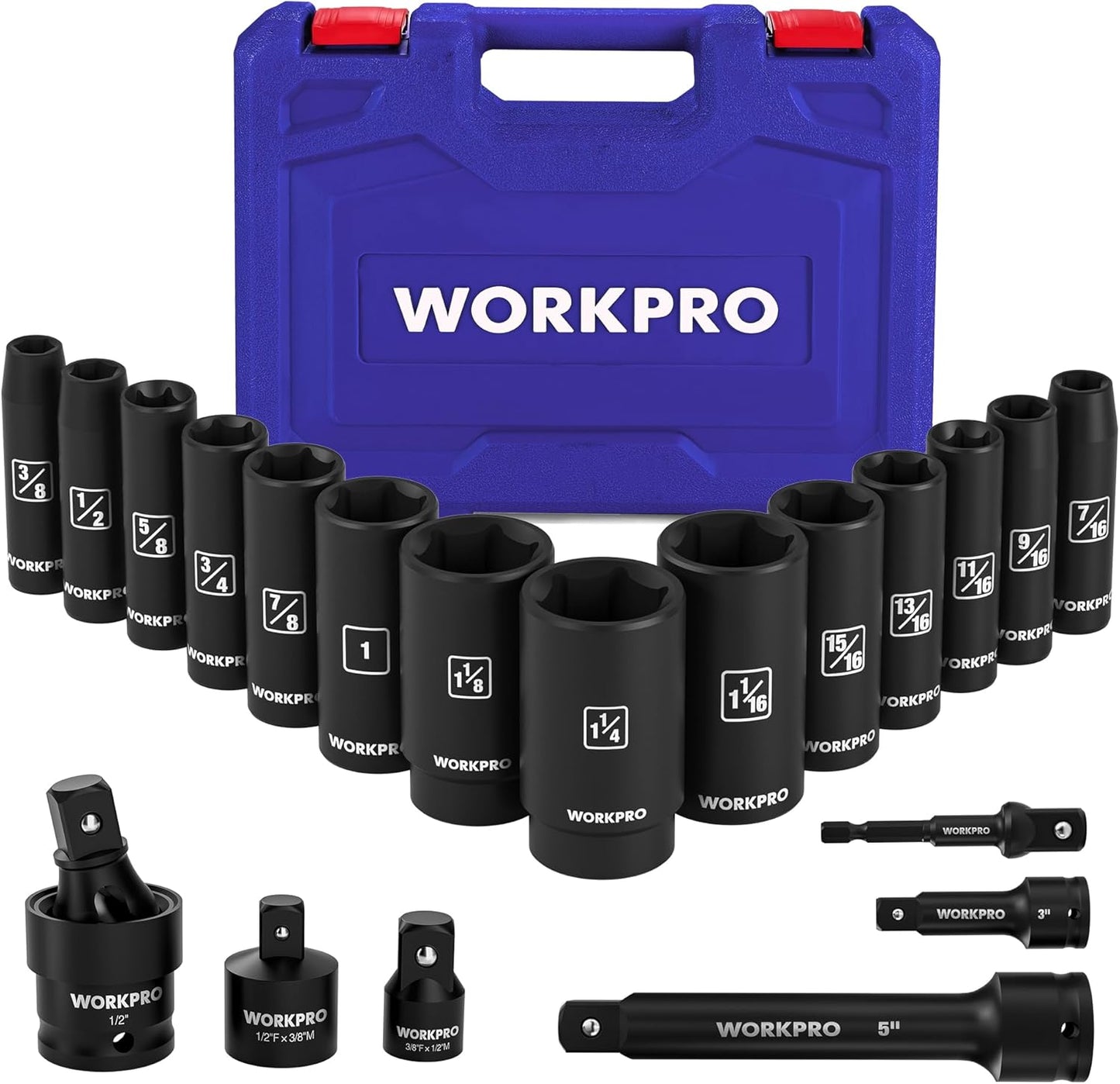 WORKPRO 14-Piece 1/2＂ Drive Deep Impact Socket Set, 6-Point Impact Deep Socket Set with Heavy Duty Storage Case for Automotive and Mechanical Repairs, 10mm-27mm, Cr-V Steel, Metric