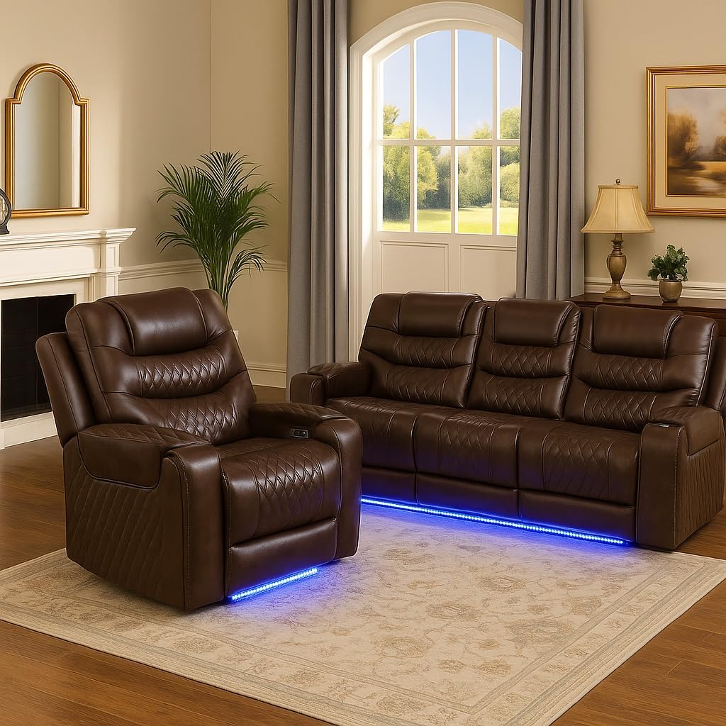 COMHOMA Power Living Room Furniture Sets,Electric Recliner Chair with LED Light,Sectional Sofa Loveseat with Wireless Charging,Spacious Storage, Cup Holeders,1