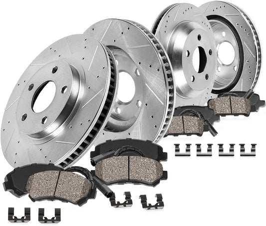 Callahan BRAKE PARTS Front and Rear Drilled Slotted Brake Disc Rotors and Ceramic Brake Pads + Hardware Brake Kit For BMW 325 318i 318is 325i 325is E30 4 Lug