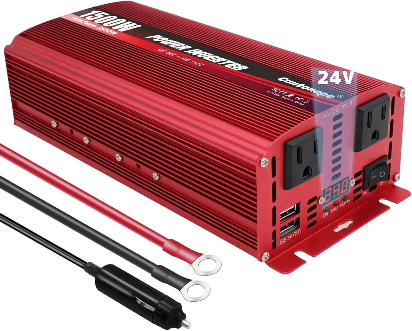 1500W/3000W(Peak) DC 12V to 110V/120V AC Power Inverter with Dual AC Outlets Dual 3.1A USB Car Adapter and Cigarette Lighter for Car Home Truck Outdoor Red