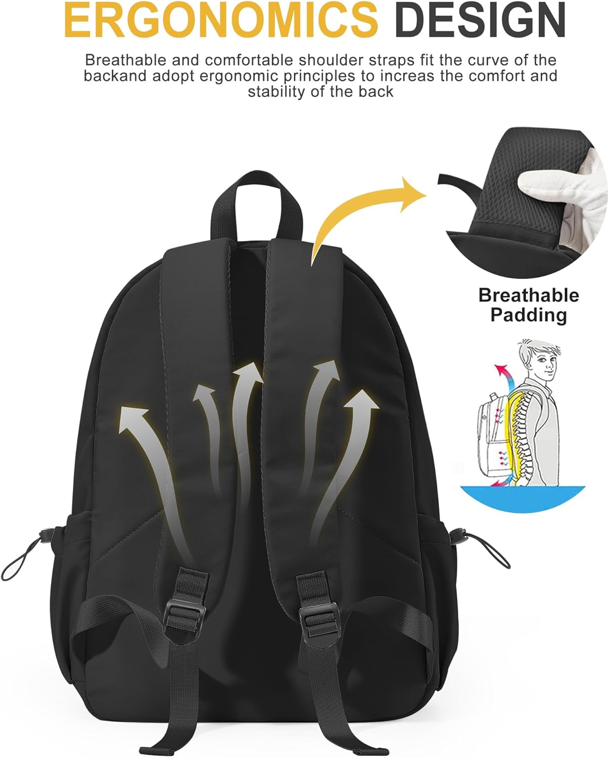 VECAVE School Backpack Black Waterproof Bookbag Casual Lightweight Travel Rucksack Daypack Backpacks for Men Women College High School Bags backpack for Boys Girls Teens