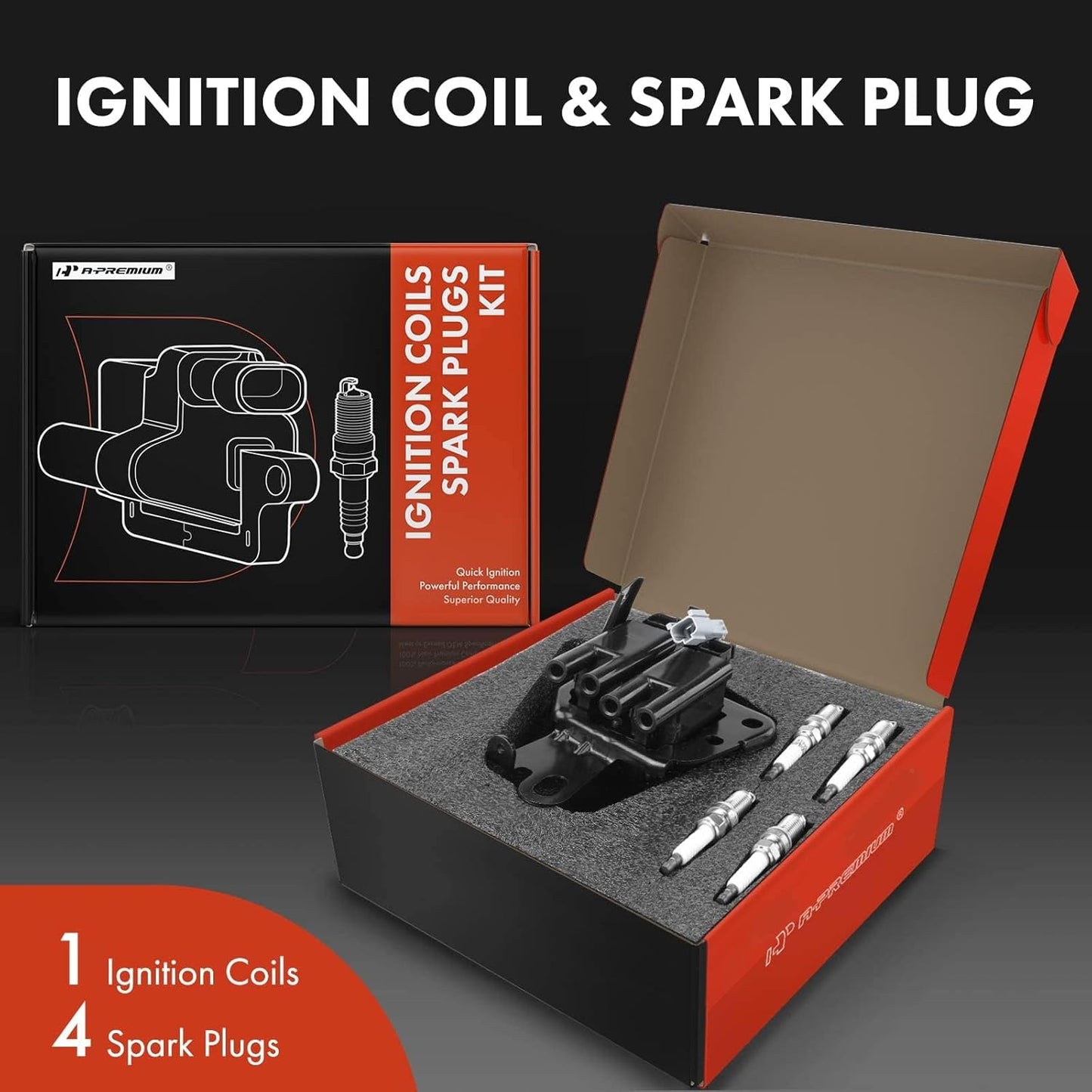 A-Premium 1x Ignition Coil Pack and 4x Iridium Spark Plugs Compatible with Hyundai Elantra 2001-2002, 2.0L