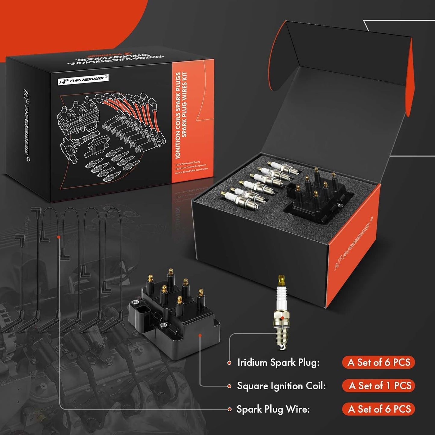 A-Premium 1 Ignition Coils with 6 Spark Plug Wires and 6 Iridium Spark Plugs Compatible with Dodge Intrepid 1993-1997 & Chrysler Concorde 1993-1996, Intrepid 1993-1997 & Eagle Vision 1993-1997, 3.3L