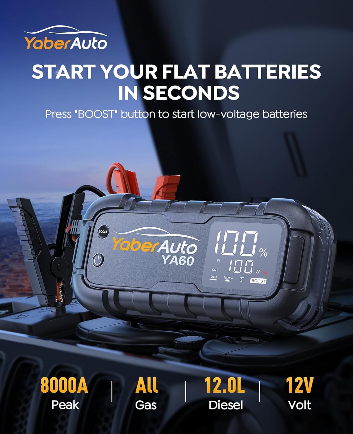 YaberAuto Jump Starter 8000A 65W Fast Charging (All Gas/12.0L Diesel) Portable Car Battery Jump Starter Pack, Jump Box Car Battery Jumper Starter Portable Jumper Cables, 150W DC, 600LM Lights