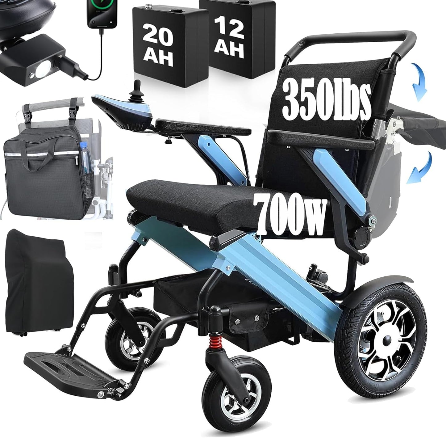 16" Big Front Wheel Electric Wheelchair Foldable All Terrain, Dual Brakes, 20” Seat Width Motorized Wheelchair, Electric Wheelchairs for Adults 330lb, Backpack, Led Light and Rear Control Included