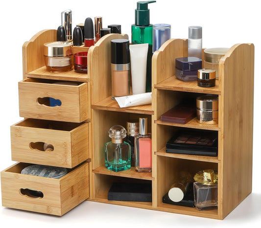 Coloch Bamboo Makeup Cosmetics Organizer with Drawers, Multifunctional Dresser Top Makeup Storage Tabletop Organizer Shelf for Desktop, Skincare, Beauty Supplies, Cosmetics Display, Stationery Storage