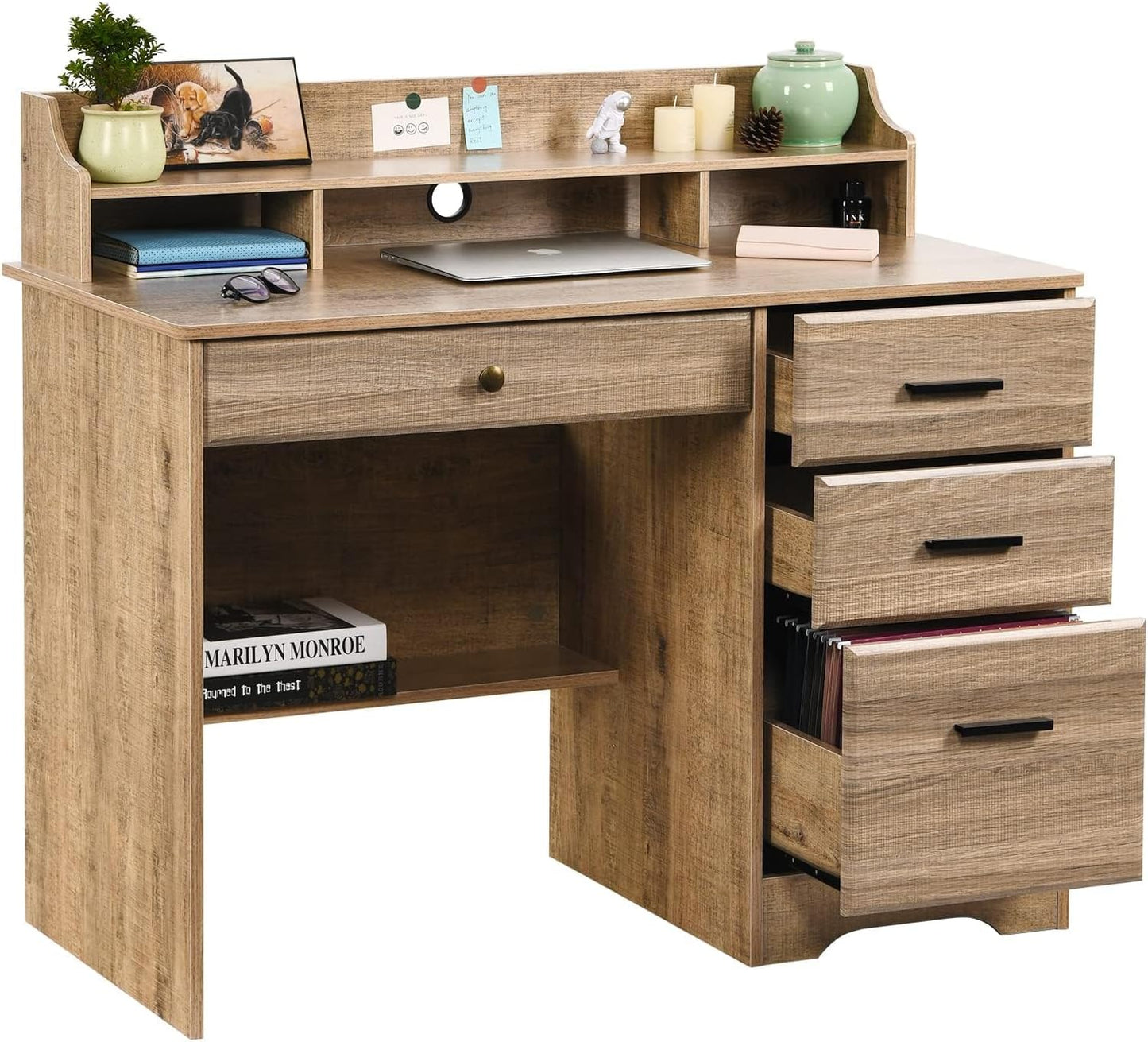 White Desk with Drawers and Storage, Home Office Desk Computer Desk with 4 Drawers & Hutch, Home Desk Small White Desk with Drawers for Bedroom, Home Office, White