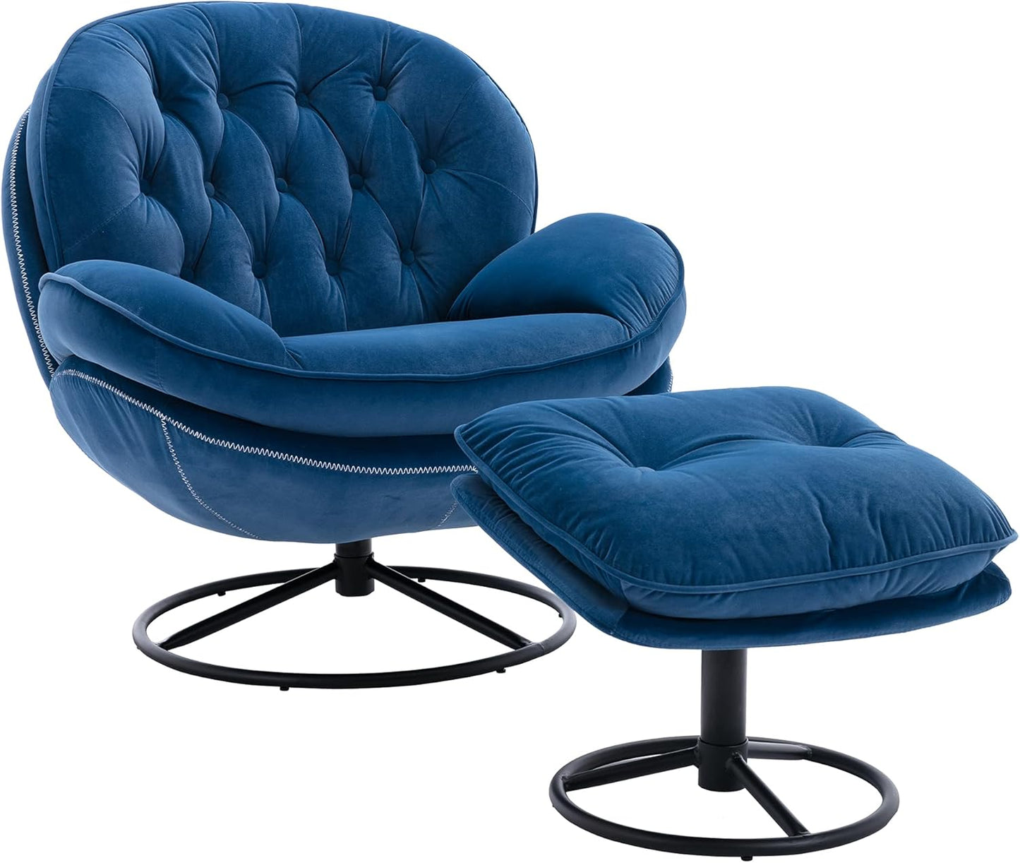 Velvet Cozy Chaise Lounge Indoor, Oversized Swivel Reading Chair with Footrest, Accent Chair with Ottoman Set for Living Room, Bedroom, Reading Room, Home Office, Metal Base Frame (Beige)