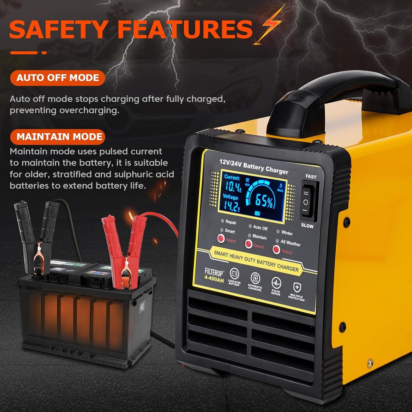 12V 24V Heavy Duty Battery Charger, 0-15A Lead-Acid Smart Automatic Battery Maintainer, Trickle Charger with Repair, Auto Off, Winter Summer Mode, for Car Truck Boat Motorcycle RV Lawn Mower (Yellow)
