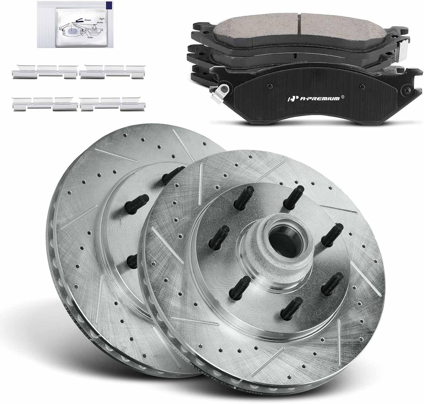 A-Premium 12.13 inch (308mm) Front Drilled and Slotted Disc Brake Rotors + Ceramic Pads Kit Compatible with Select Ford Models - For F-150 1997 1998 1999 2000 2001 2002 2003, 4WD 5-Lug, 6-PC Set