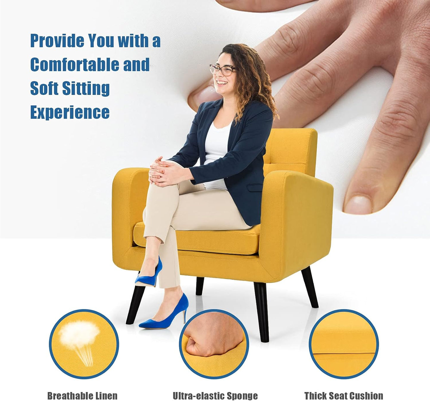 S AFSTAR Modern Upholstered Armchair, Mid-Century Fabric Accent Chair with Rubber Wood Legs, Leisure Lounge Chairs Living Room Furniture (2, Yellow)