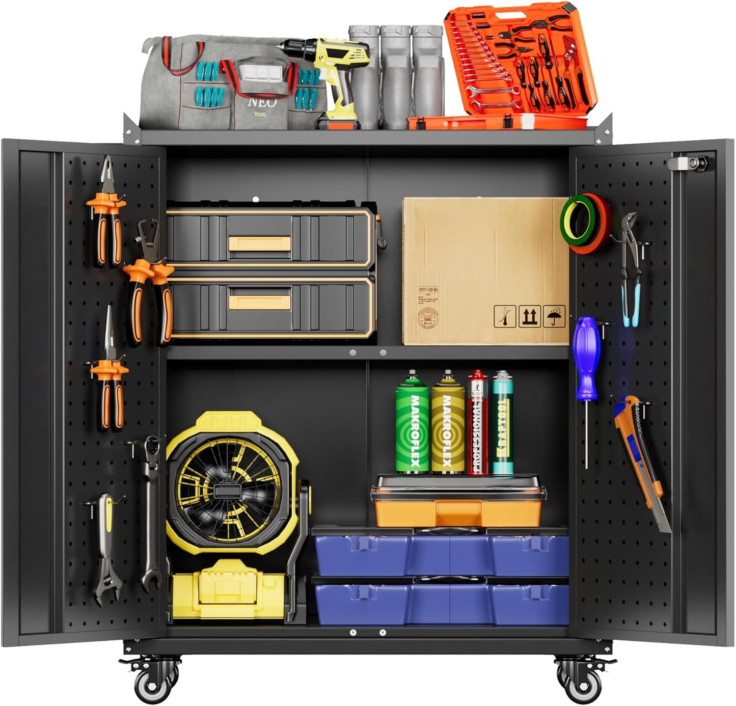 71" H Broom Storage Cabinet with Wheels and Doors,Rolling Tool Cabinet with Pegboard,Shelves and Rod for Garage Warehouse Home,Required Assembly,Black