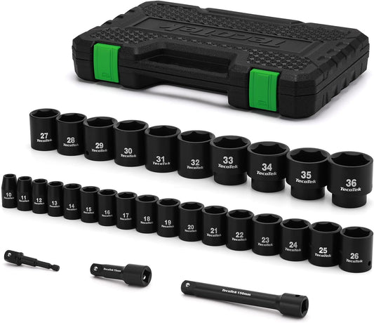 30 Pieces 1/2-Inch Drive Shallow Metric Impact Socket Set, Cr-Mo, 10mm to 36mm, No Skipped Sizes, 6 Point, Includes Extension Bars, Drill Socket Adapter 1/2"