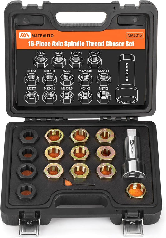 Axle Spindle Rethreading Kit,16 Piece Precision Restorer Master Repair Kit, Essential Tool for Mechanics - Includes Thread File and Axle Spindle Thread Chaser Set (16 Piece)