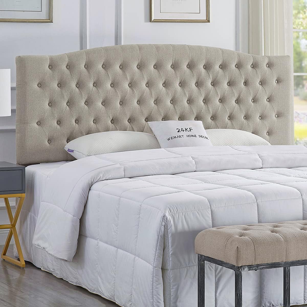 24KF Upholstered Tufted Button Linen Fabric Headboard,Comfortable Fashional Headboard King/CA King Size,Ivory