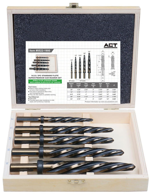 Accusize Industrial Tools 5 Pc H.S.S. Standard Spiral Flute Super Premium Car Reamer Set, 3/8", 1/2", 9/16'', 5/8", 3/4", to Fit 3/8'' or 1/2'' Shank Chuck