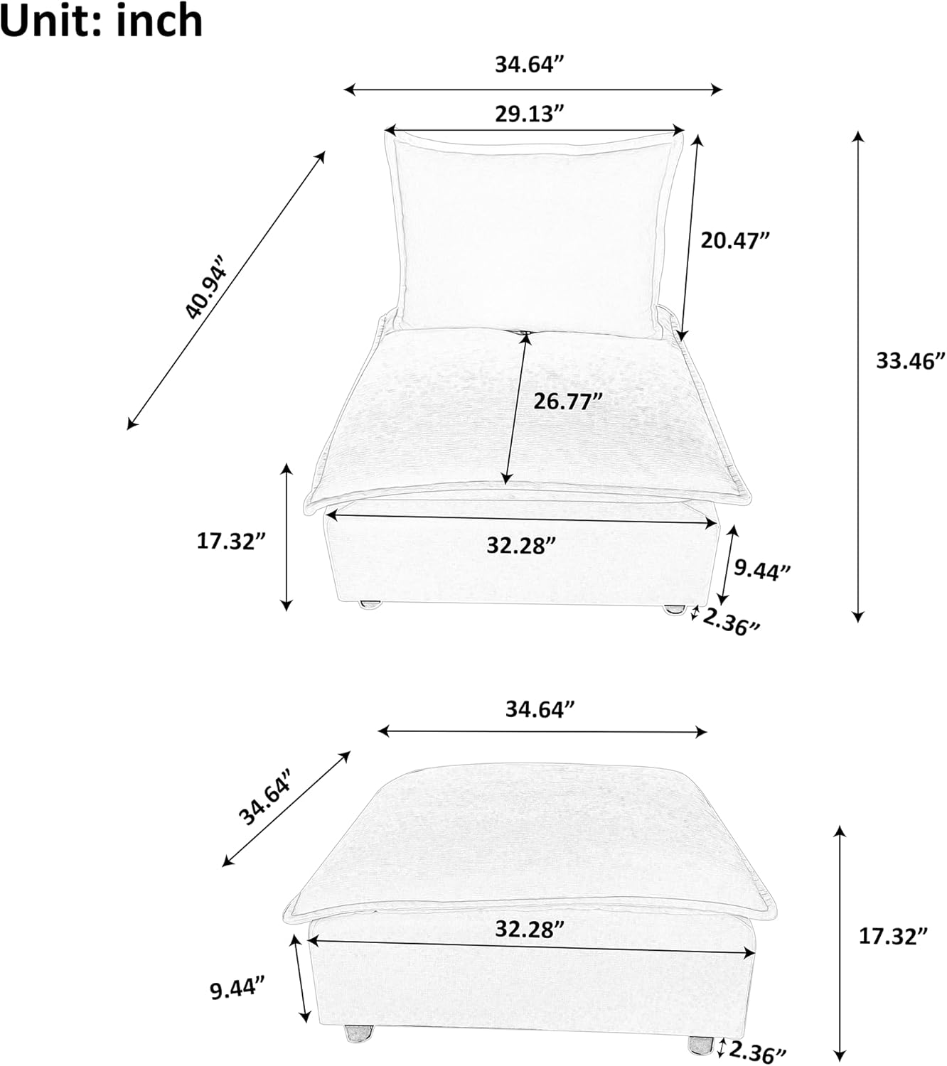 34.64" Modern Accent Chair with Ottoman, Chenille Fabric Living Room Chair, Comfy Reading Chair, Leisure Single Sofa Chair with Footrest for Apartment, Bedroom and Office