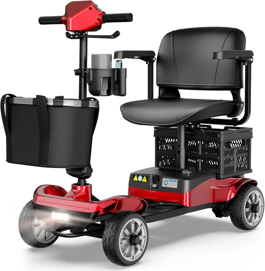 4 Wheel Mobility Scooter for Adults - Foldable Motorized Scooters 330 lb Capacity with Removable Battery, Dual Basket, Phone & Cup Holder, Red