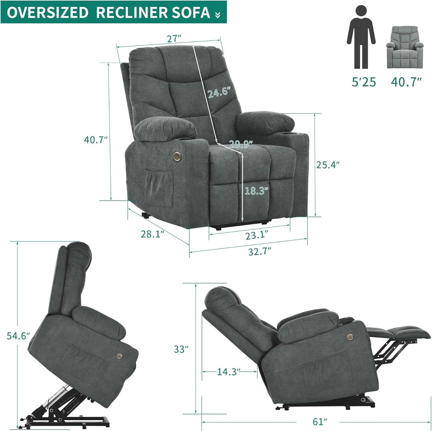 YITAHOME Power Lift Recliner Chair, Modern Fabric Recliner Chair with Massage and Heat, Spacious Seat, USB Ports, Cup Holders, Remote Control, Suitable for Living Room Dark Grey2
