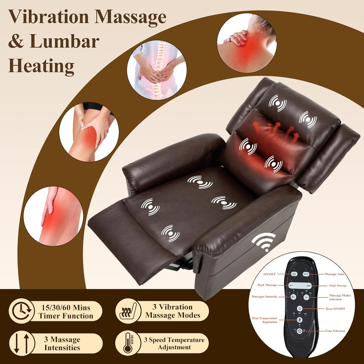 COLAMY PU Leather Power Lift Chair with Massage and Heat,Electric Lift Recliner Chair with Thick Cushioned Padding Backrest for Living Room, Office, Bedroom （Darkbrown）