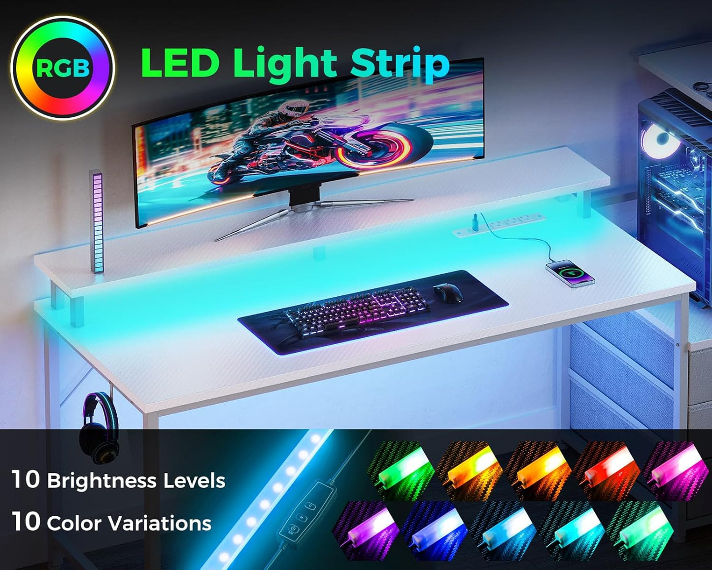 Casaottima 59 Inch Gaming Desk with USB Charging Ports & LED Light - Reversible Computer Desk with 3 Fabric Drawers, Monitor Stand, CPU Stand, and Side Hook, Modern Office Desk, White