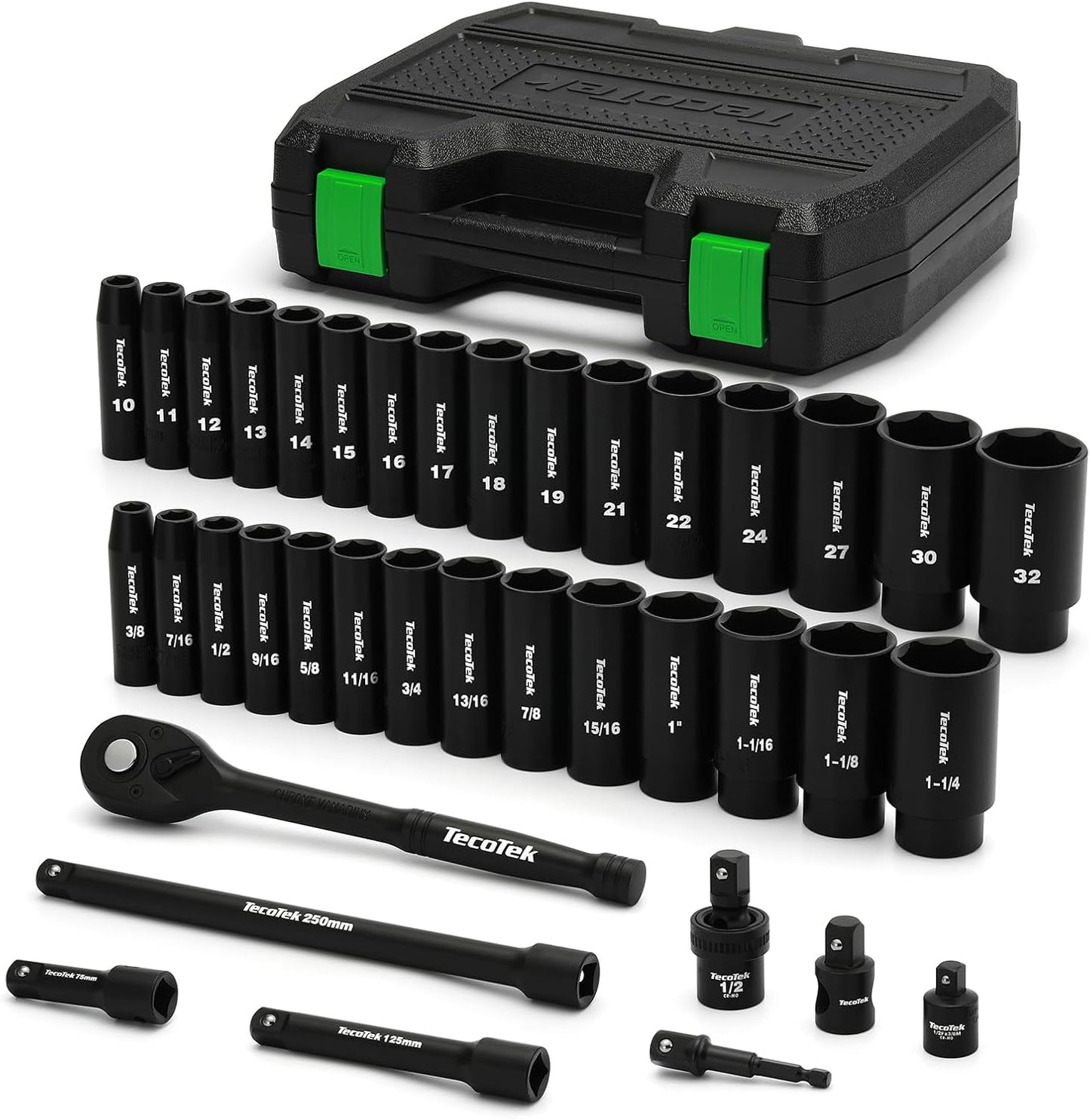 30 Pieces 1/2-Inch Drive Shallow Metric Impact Socket Set, Cr-Mo, 10mm to 36mm, No Skipped Sizes, 6 Point, Includes Extension Bars, Drill Socket Adapter 1/2"