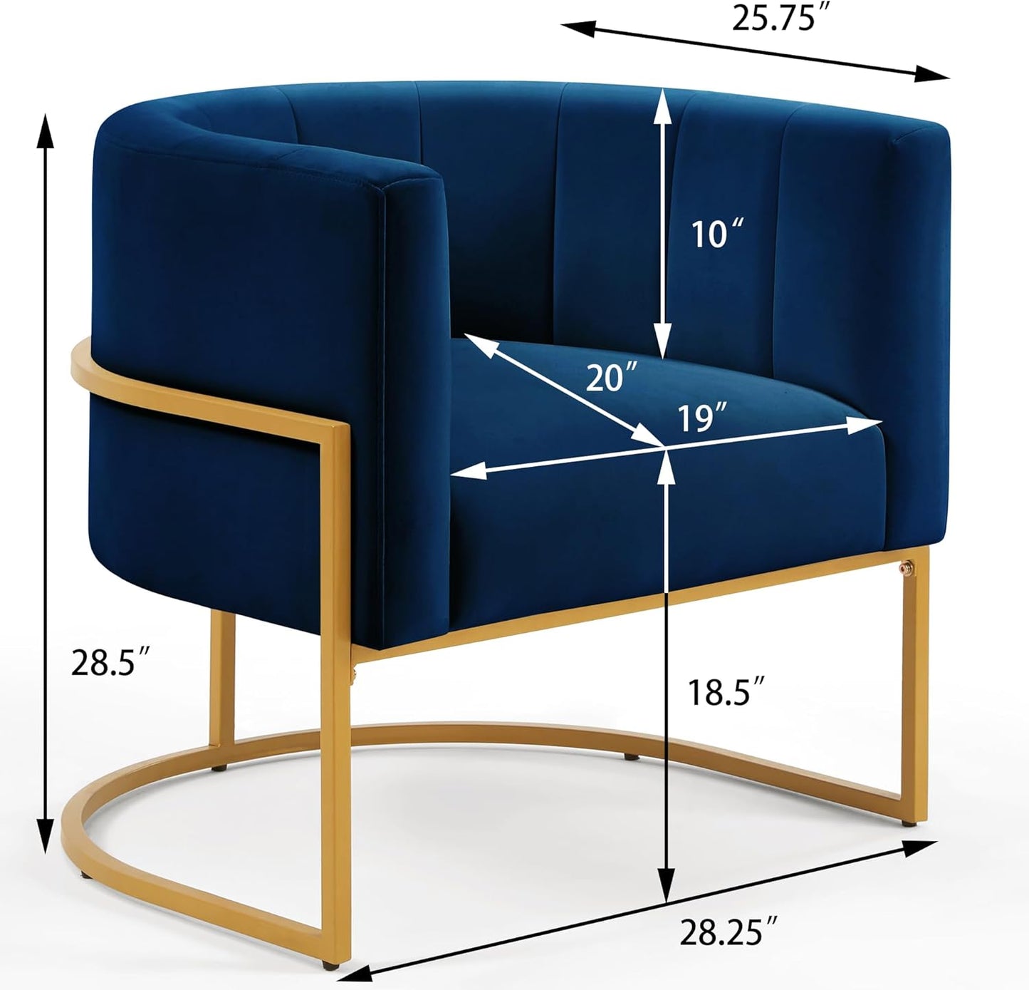 Velvet Accent Chairs, Mid Century Modern Upholstered Round Barrel Chair Metal Gold Stand Comfy Velvet Channel Tufting Armchair for Living Room, Bedroom, Office Easy Assemble (Navy Blue, Set of 2)