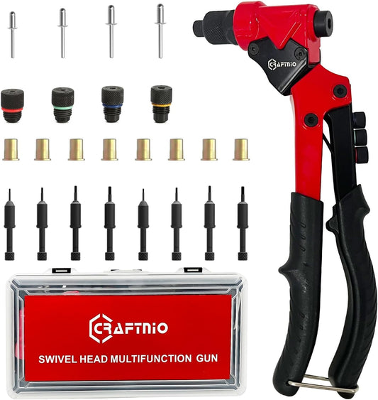 2 in 1 Rivet Nut Tool, Rivet Gun, 360° Swivel Head Multi-Application Tool with 4 Rivet Heads and 8 Metric & SAE Mandrels, Hand Riveter Tool with 80 Rivets and 80 Rivet Nuts, Designed for Tight Space