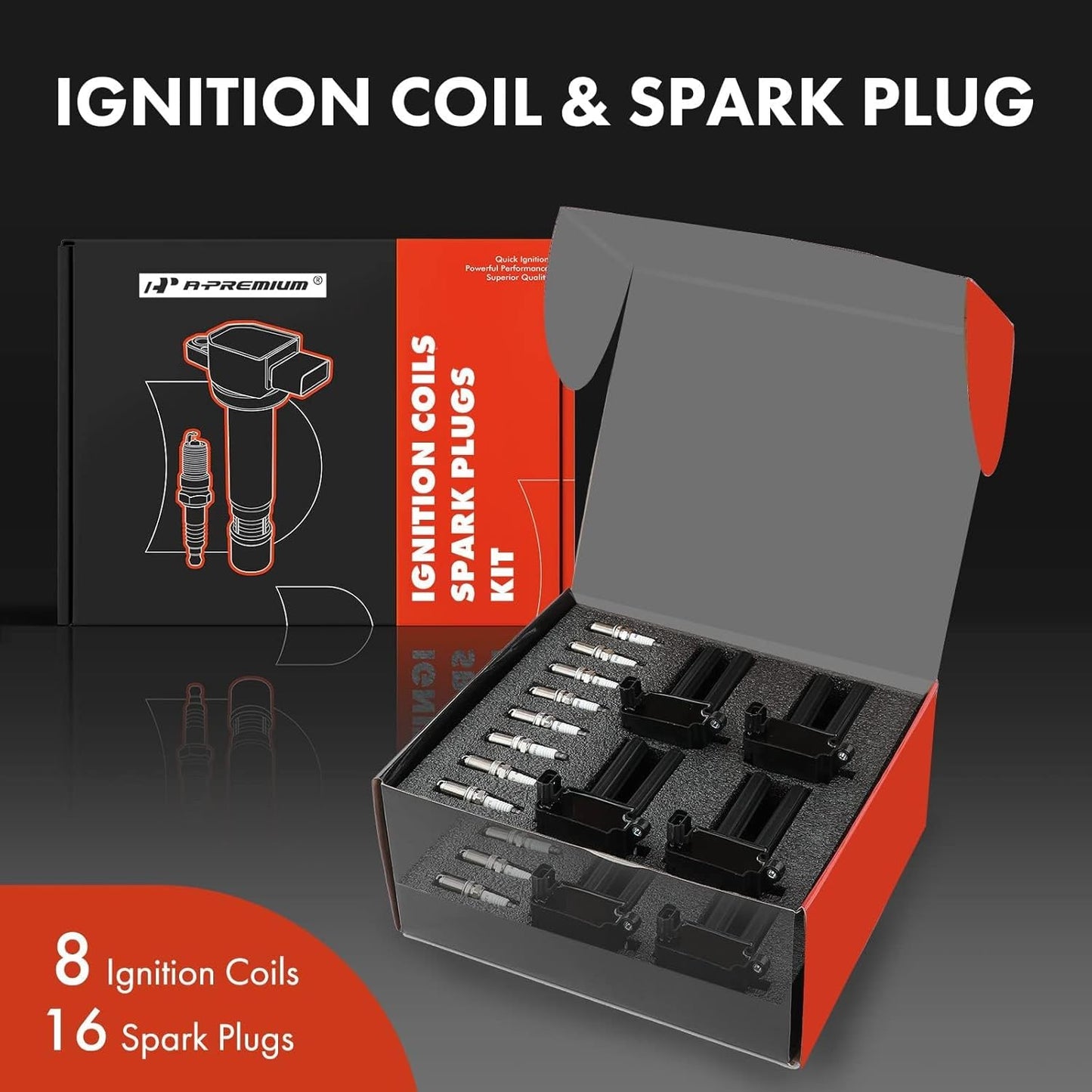 A-Premium 8x (Black) Ignition Coil Pack and 16x Iridium Spark Plugs Compatible with Dodge Ram 1500 2500 3500 Durango Challenger Charger & Jeep Grand Cherokee & Chrysler