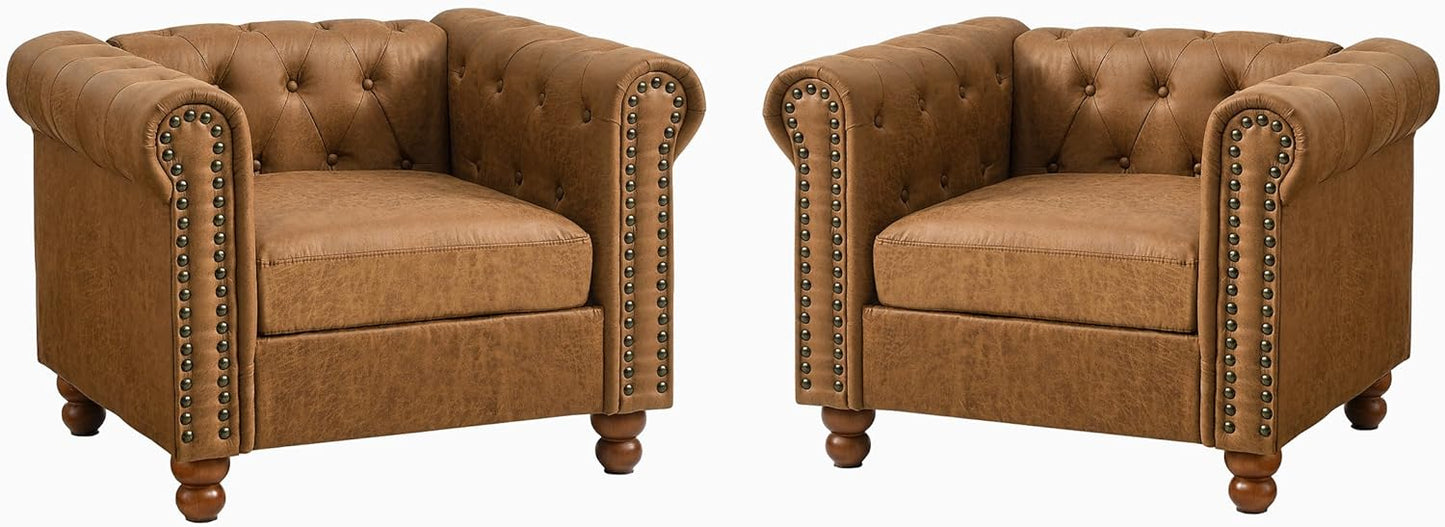 Rolled Arm Air Leather Club Chair Set of 2, 2-Piece Accent Chair Set for Living Room Small Apartment Office Décor