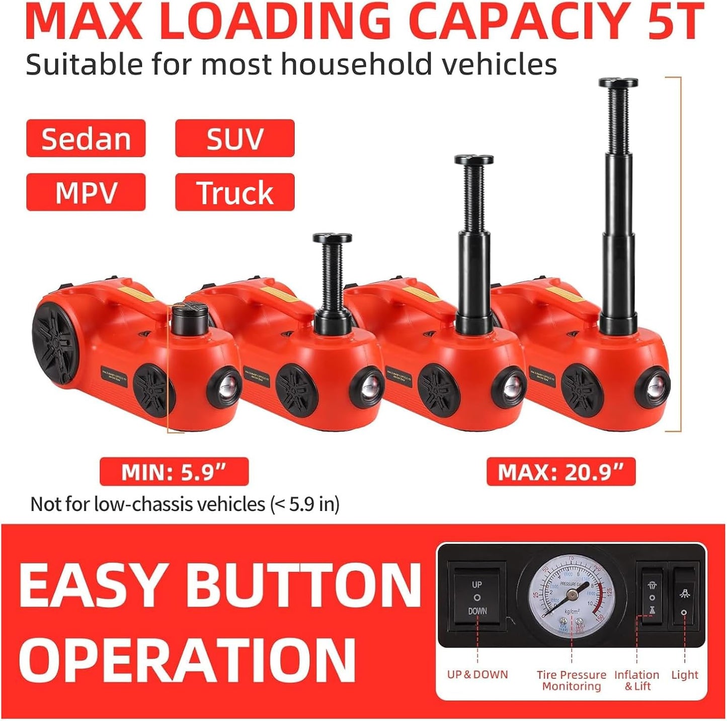 ROGTZ Upgraded Electric Hydraulic Car Jack Kit 5 Ton 12V Portable Lift Range 20.9 Inch with Tire Inflator Pump for SUV Sedan Truck Repair Floor Jack for Tire Change with LED Light Jack Only