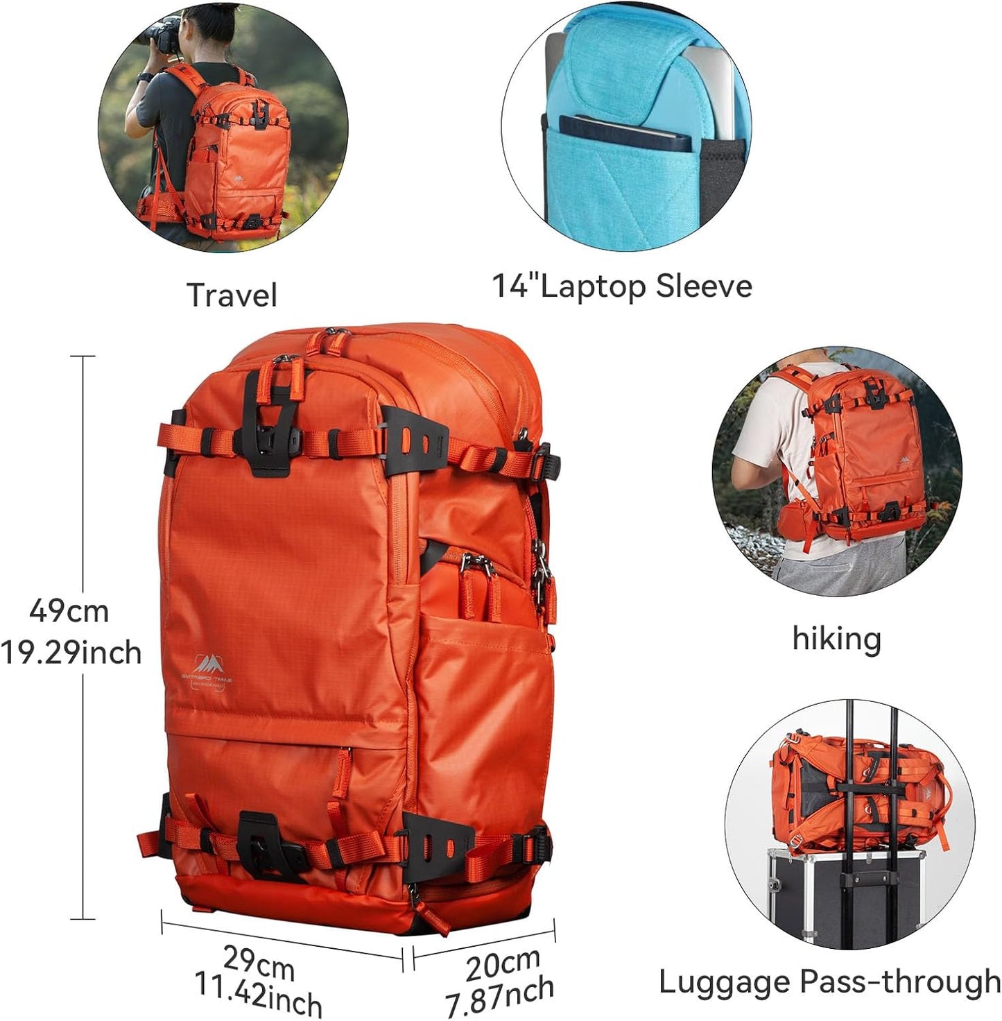 Tenzing 25L Camera Backpack with Rain Cover for Photographers 14 inch Laptop Compartment Waterproof Large Camera Bag for Drone,Cameras, Batteries, Lenses,Tripod(Orange)