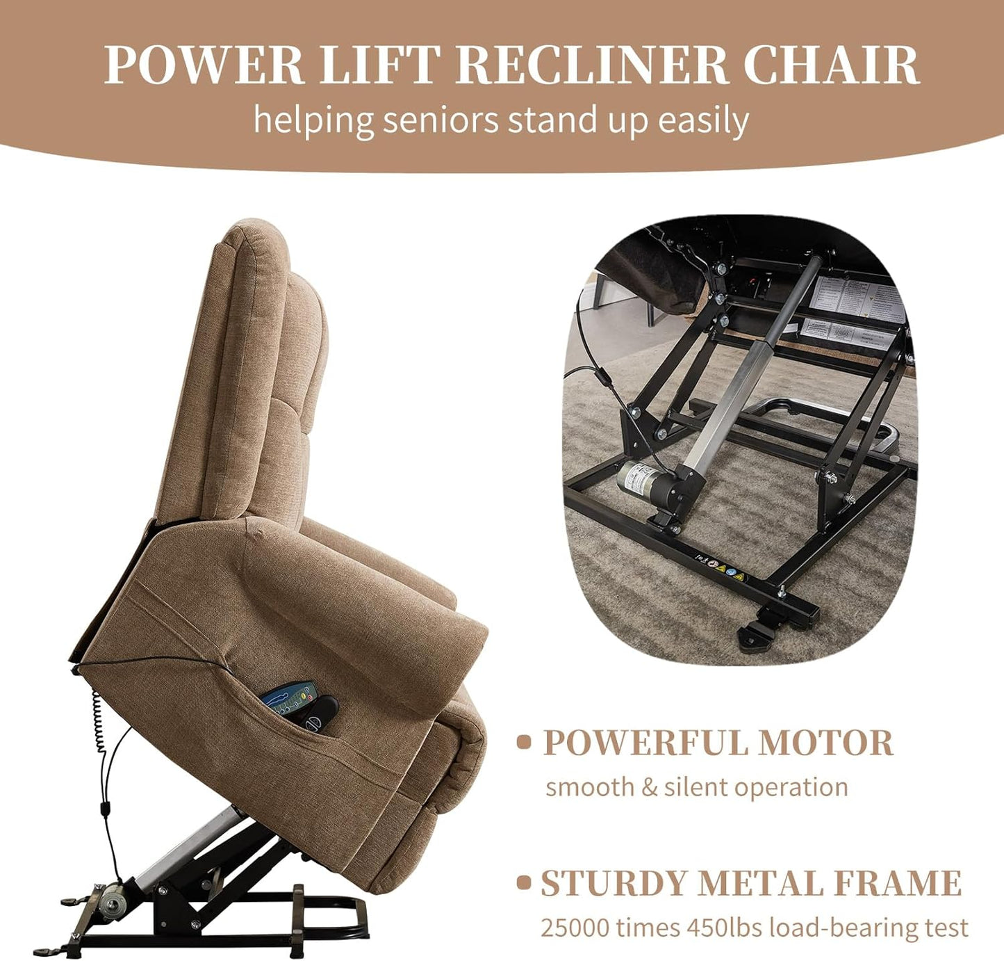 CANMOV 46" Wide Power Lift Recliner Chair for Elderly, Extra Large Electric Recliner, with Massage and Heat, Antiskid Fabric Recliner, USB Charger & Side Pockets, for Living Room, Brown