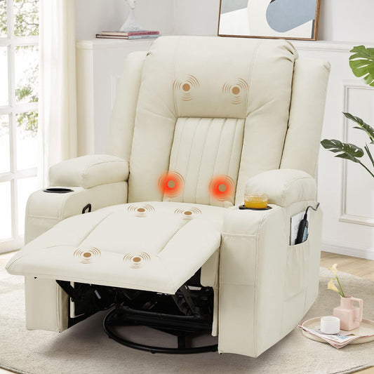 YODOLLA Massage Manual Recliner Chair with Heat, Leather Rocking Swivel Chair Lazy Boy Recliner Chair w/ 2 Side Pockages, 2 Cup Holders for Living Room, RV, Cream White