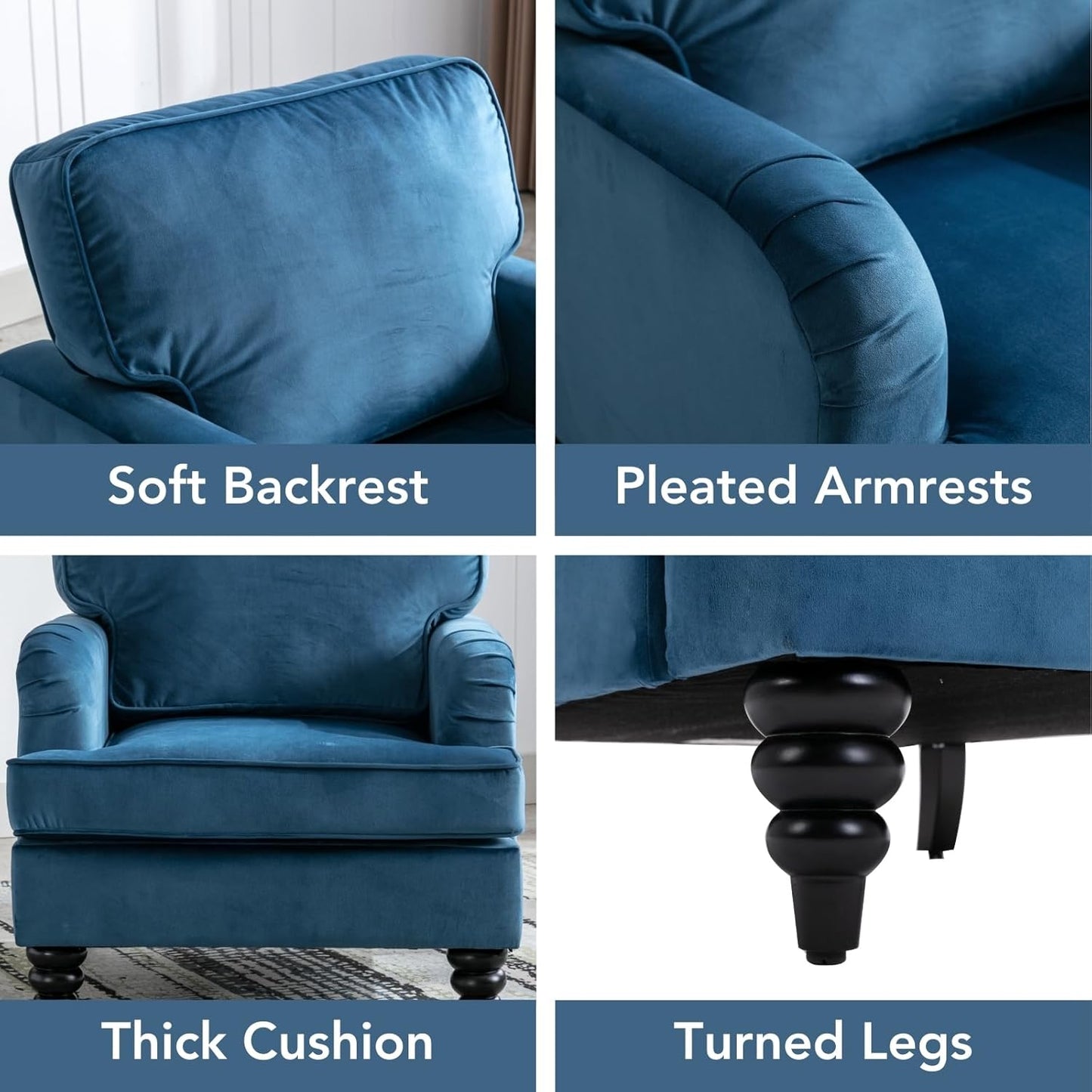 chairus Mid Century Modern Velvet Accent Chair Set of 2, Vintage Club Armchair with Firm Supportive Seat & Soft Backrest, Comfy Single Sofa Reading Chair for Living Room Bedroom Apartment, Blue