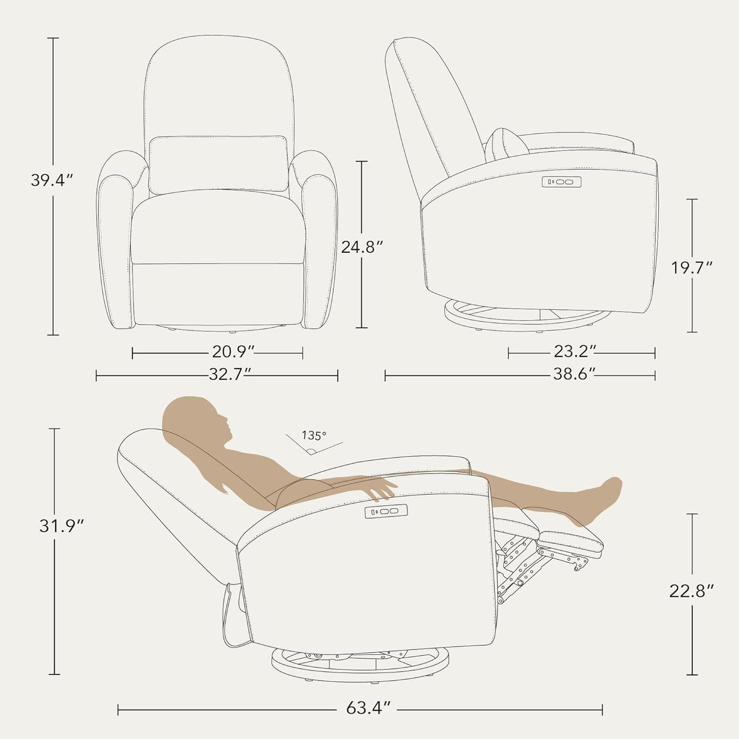 Watson & Whitely Power Recliner Chairs, Swivel Nursery Recliner Glider with Pillow Lumbar Support & Solid Wood Base for Living Room, Cream