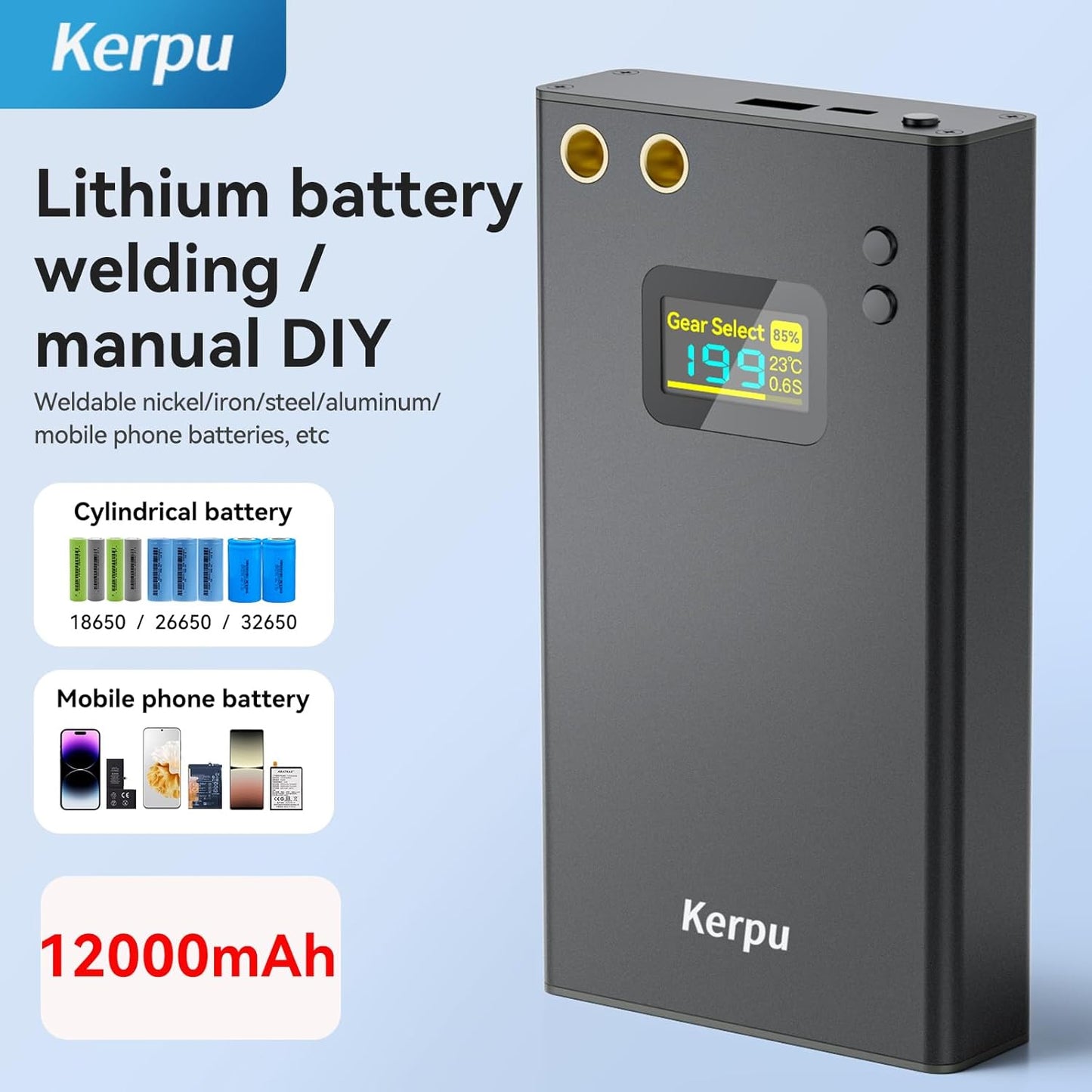 12000mAh Battery Spot Welder, 2'' LCD Screen Upgraded Enhanced 199 Gears Adjustable Portable Mini Spot Welder with Nickel Sheet & 4X4 Holder For Making Battery Packs (Black-LCD 12000mAH)