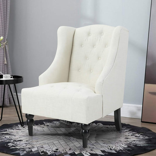 ALPHA HOME Accent Living Room Chair Wingback Armchair High Back Swoop Button-Tufted Club Reading Chair Mid-Century Retro Modern Home Theater Seating Linen Fabric Upholstered, Light Beige