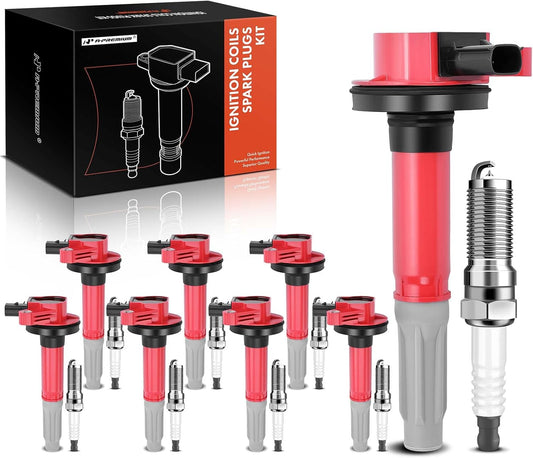 A-Premium (Red) Ignition Coils and Spark Plugs Kits Compatible with Ford F-150 2011-2016, Mustang 2011-2015, 5.0L 8-PC Set