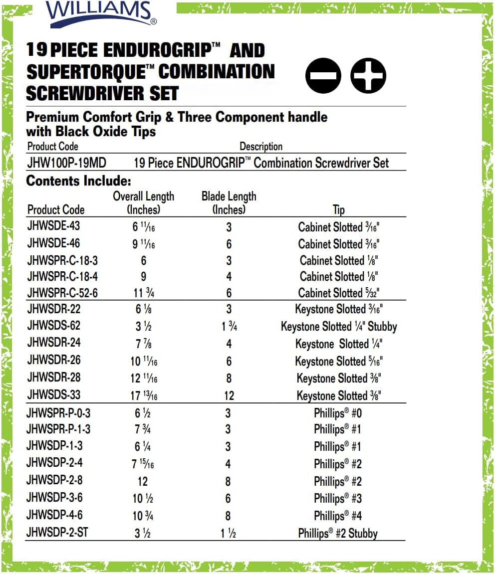 Williams JHW100P-19MD 19 Piece Endurogrip and Supertorque Premium Mixed Screwdriver Set