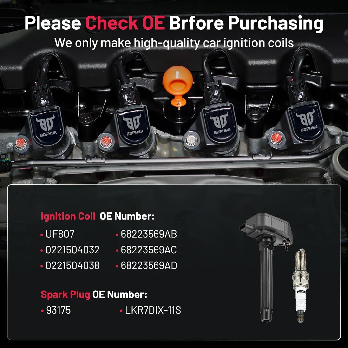 BDFHYK Ignition Coil Pack UF807 and Iridium Spark Plugs 93175 Compatible with Chrysler Pacifica Dodge Durango Jeep Grand Cherokee Wrangler Ram 1500 3.6L V6 68223569AB LKR7DIX-11S, Sets of 6