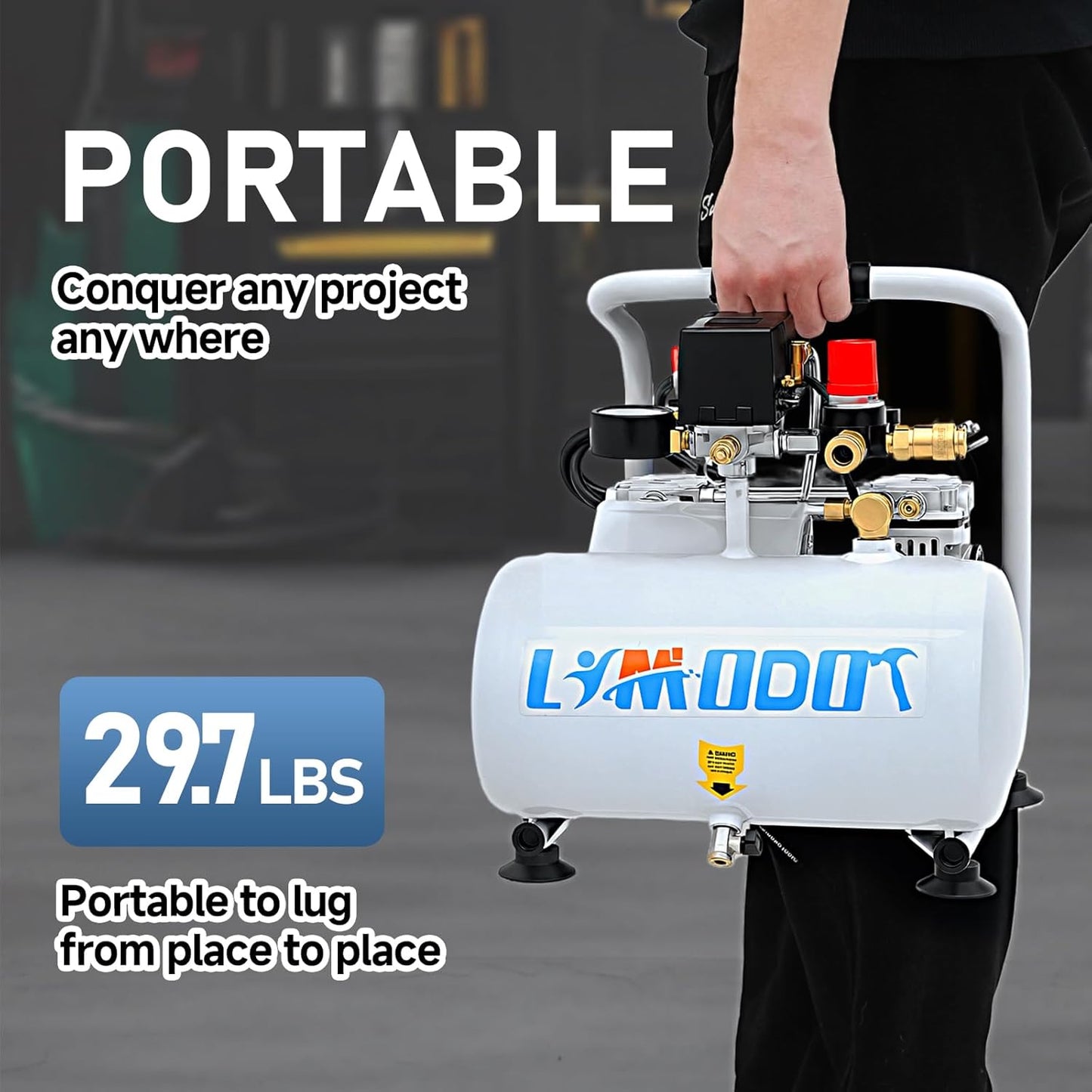 Ultra Quiet Air Compressor, Only 60dB, 1 Gallon Steel Tank, Oil-Free, Electric Air Compressor Perfect for Woodwork Nailing, Garage, Car, Pneumatic Tool, Includes 25 Ft. Air Hose Kit