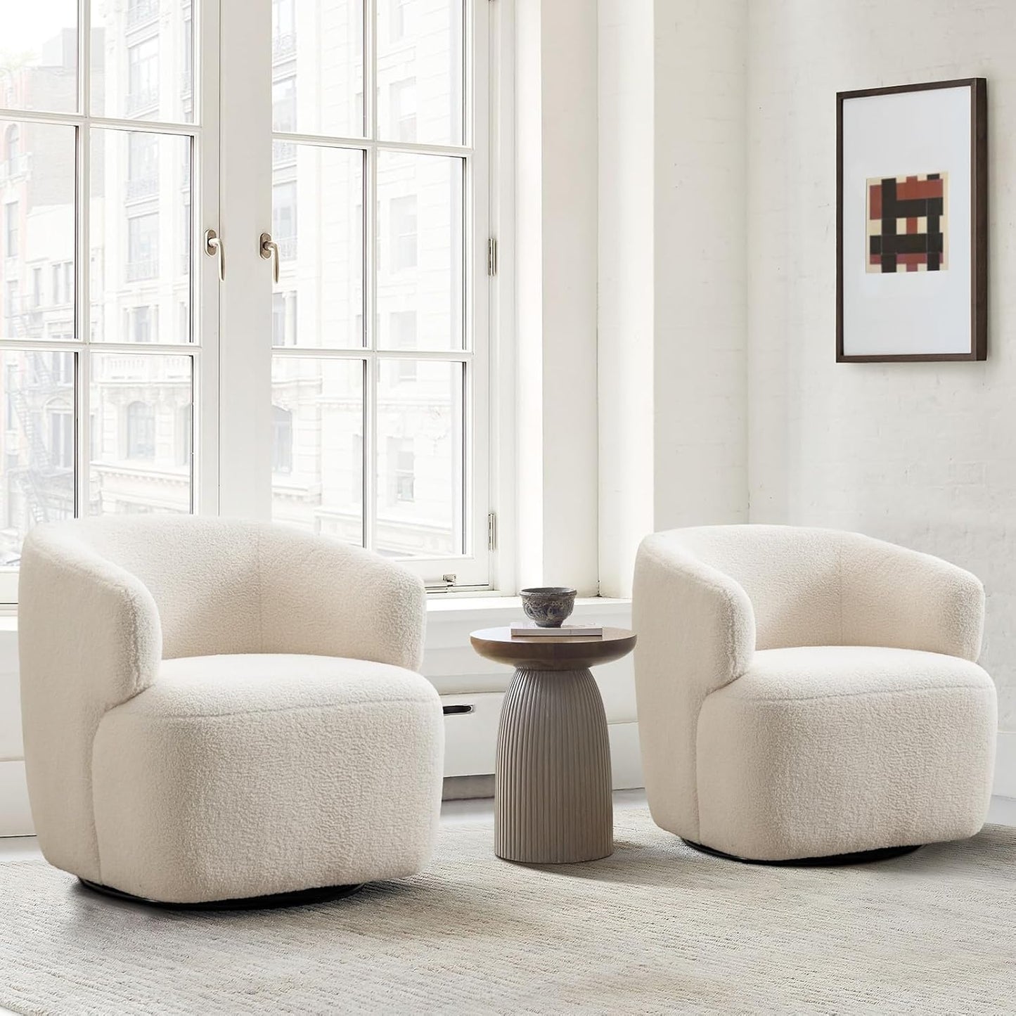 Swivel Accent Chair Set of 2, Sherpa Teddy Barrel Chair for Living Room, Cozy Round Boucle Arm Chair, Metal Base for Club Nursery Bedroom, Beige Cream White